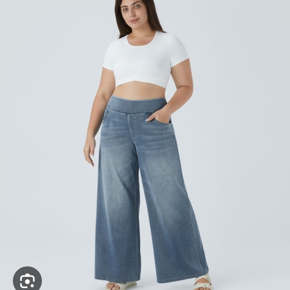 Halara Flex High Waisted Multiple Pockets Baggy Wide Leg Washed Casual Jeans
